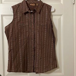 Women’s Wrangler Button Up, Brown Sleeveless Shirt with Horses. Size Large
